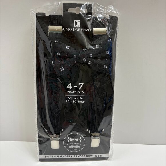 Bow Tie and Suspender Set - Boys 4-7 YRS - NWT - Black W/ Silver Squares - Picture 7 of 7